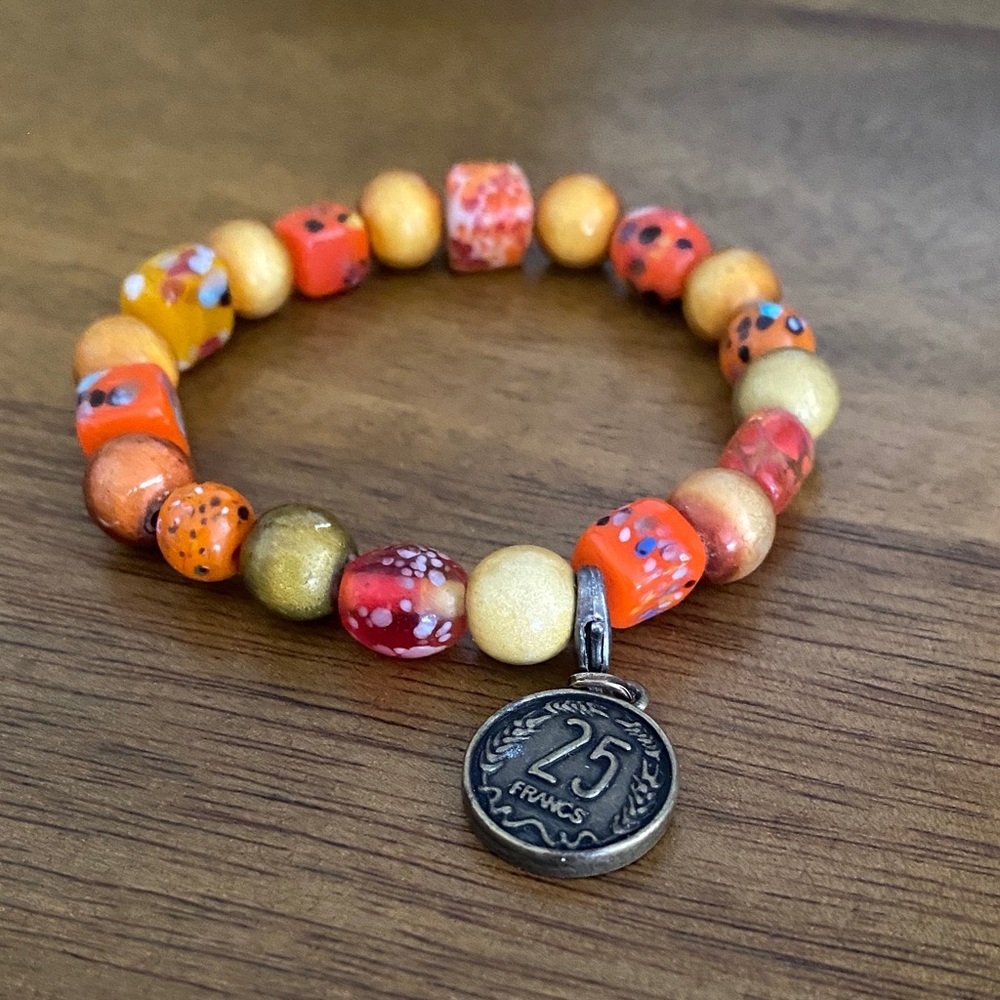 Colorful Beaded Bracelet with Coin Charm